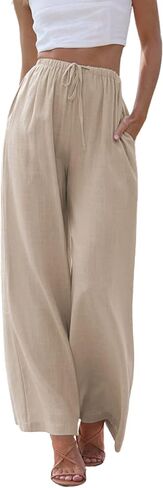 Hooever Women's Wide Leg Cotton Linen Pants High Waist Adjustable Tie Knot Lounge Trousers in Kuwait