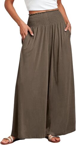 ANRABESS Women Palazzo Pants Summer Boho Bagyy Wide Leg High Smocked Waist Casual Loose Lounge Pant with Pocket in Kuwait