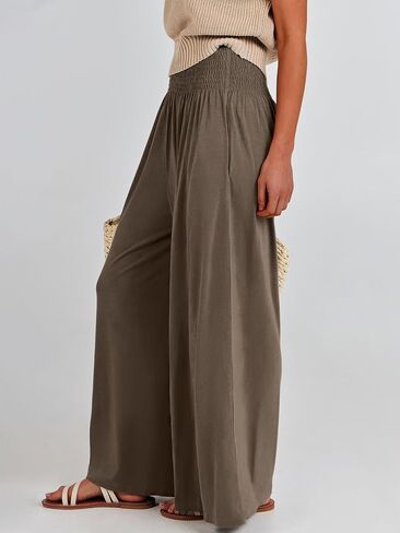 ANRABESS Women Palazzo Pants Summer Boho Bagyy Wide Leg High Smocked Waist Casual Loose Lounge Pant with Pocket in Kuwait