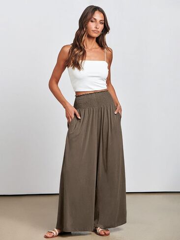 ANRABESS Women Palazzo Pants Summer Boho Bagyy Wide Leg High Smocked Waist Casual Loose Lounge Pant with Pocket in Kuwait