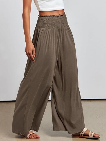 ANRABESS Women Palazzo Pants Summer Boho Bagyy Wide Leg High Smocked Waist Casual Loose Lounge Pant with Pocket in Kuwait