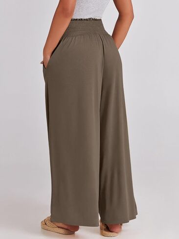 ANRABESS Women Palazzo Pants Summer Boho Bagyy Wide Leg High Smocked Waist Casual Loose Lounge Pant with Pocket in Kuwait