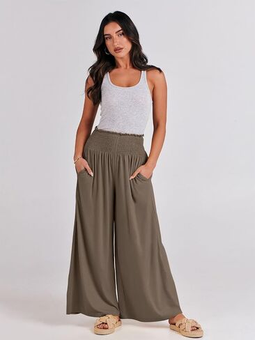 ANRABESS Women Palazzo Pants Summer Boho Bagyy Wide Leg High Smocked Waist Casual Loose Lounge Pant with Pocket in Kuwait