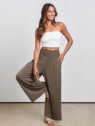 ANRABESS Women Palazzo Pants Summer Boho Bagyy Wide Leg High Smocked Waist Casual Loose Lounge Pant with Pocket in Kuwait