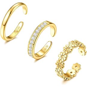 Jstyle 3PCS 14K Gold Filled Toe Rings for Women Adjustable Gold Toe Ring Set Open Band Simple CZ Daisy Flower Toe Rings Hawaiian Summer Beach Foot Jewelry for Women