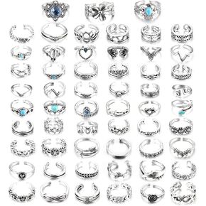 DOLOTTA 57 قطعة خواتم أصابع قابلة للتعديل للنساء خمر ريترو مفصل خاتم بوهيمي مفتوح الإصبع خواتم مجموعة السهم عقدة زهرة موجة خواتم الصيف شاطئ القدم مجموعة مجوهرات, معدن, زركونيا مكعب in Kuwait