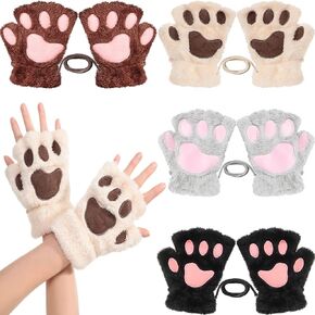 SATINIOR 4 Pairs Cat Paw Gloves Fingerless Gloves Mittens Half Finger Paw Gloves Winter Plush Gloves for Kids Adult Cosplay in Kuwait