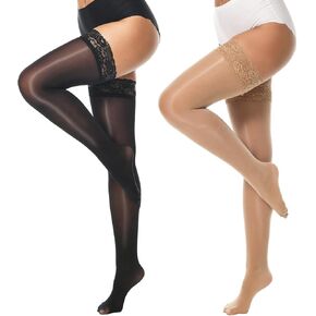 MANZI Shiny Thigh High Stockings Sexy Lace Top Stay Up Silky Sheer Stocking Shimmery Tights for Women 2 Pairs Pack