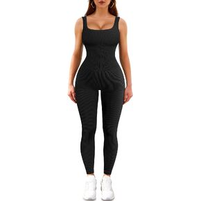 TrainingGirl Womens One Piece Workout Jumpsuits Square Neck Tank Tops Rompers Ribbed Sleeveless Exercise Unitard Yoga Bodycon