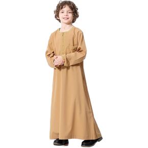 IMEKIS Kids Thobe for Muslim Boys Arab Tobes Long Sleeve Kaftan Embroidered Robe with Pockets Islamic Arabic Abaya Clothes