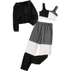 Milumia Girl's 3 Piece Outfits Colorblock Crop Tank Top and Sweatpants with Long Sleeve Hoodie in Saudi Arabia