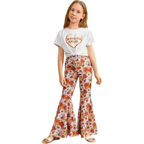 OYOANGLE Girl's 2 Piece Outfits Short Sleeve Twiss Front T Shirt and Floral Flare Bell Bottom Pants Sets