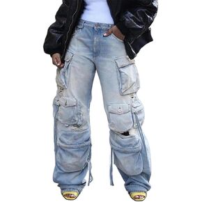 Lucuna Women's Cargo Pants Y2K High Waist Baggy Jeans Flap Pocket Loose Denim Pants Streetwear