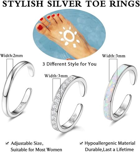 jstyle 3pcs 14k الذهب شغل خواتم اصبع القدم للنساء قابل للتعديل الفضة الذهب اصبع القدم مجموعة لطيف أوبال تشيكوسلوفاكيا ديزي زهرة اصبع القدم خواتم مفتوحة الفرقة هاواي شاطئ الصيف مجوهرات القدم للنساء in Saudi Arabia