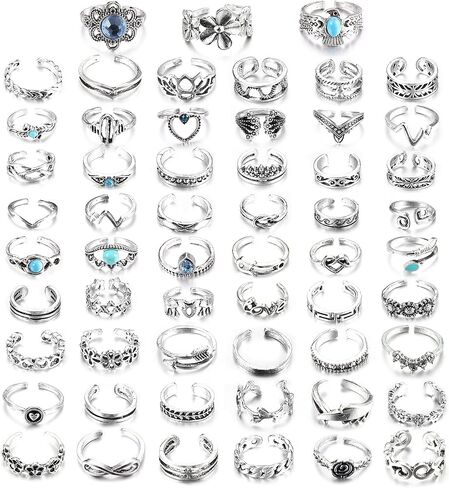 DOLOTTA 57 قطعة خواتم أصابع قابلة للتعديل للنساء خمر ريترو مفصل خاتم بوهيمي مفتوح الإصبع خواتم مجموعة السهم عقدة زهرة موجة خواتم الصيف شاطئ القدم مجموعة مجوهرات, معدن, زركونيا مكعب in Kuwait