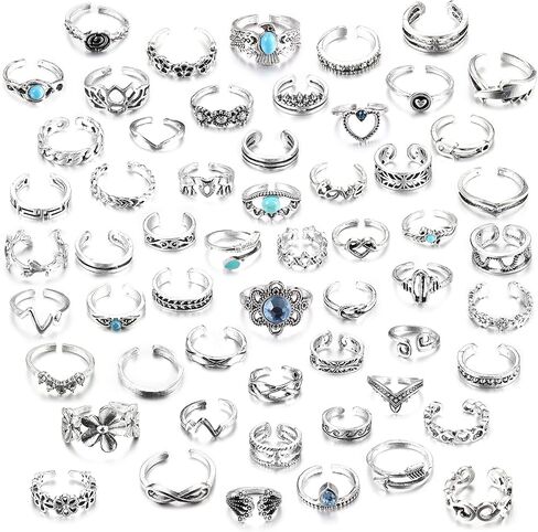 DOLOTTA 57 قطعة خواتم أصابع قابلة للتعديل للنساء خمر ريترو مفصل خاتم بوهيمي مفتوح الإصبع خواتم مجموعة السهم عقدة زهرة موجة خواتم الصيف شاطئ القدم مجموعة مجوهرات, معدن, زركونيا مكعب in Kuwait