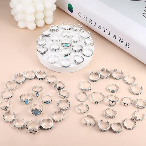 DOLOTTA 57 قطعة خواتم أصابع قابلة للتعديل للنساء خمر ريترو مفصل خاتم بوهيمي مفتوح الإصبع خواتم مجموعة السهم عقدة زهرة موجة خواتم الصيف شاطئ القدم مجموعة مجوهرات, معدن, زركونيا مكعب in Kuwait