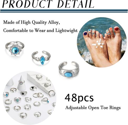 Subiceto 48Pcs Open Toe Rings Set for Women Teens Adjustable Vintage Retro Toe Rings Bohemian Finger Tail Ring Summer Beach Foot Jewelry Gold Sliver Tone in Saudi Arabia