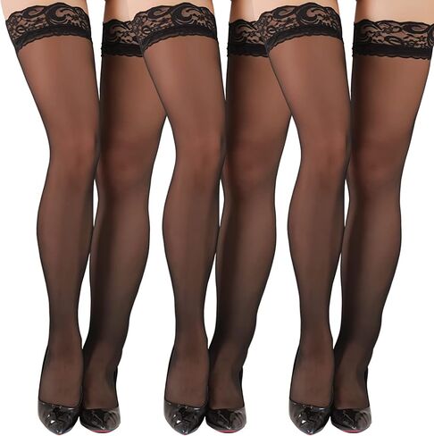 Ray-JrMALL 3 أزواج من الجوارب النسائية الشفافة ذات الفخذ العليا، جوارب طويلة مضادة للانزلاق من السيليكون، جوارب رفيعة من الدانتيل بأعلى الفخذين in Kuwait