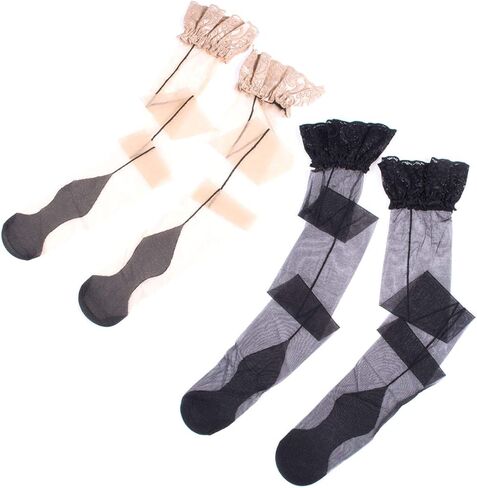 Aneliya Vintage Nylon Lace Top Thigh High Stockings with Back Seam for Women Suspender Garter Belts,(2 Pack), Black and Nude, Medium-Large in Saudi Arabia