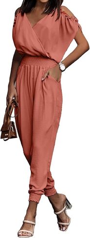 PRETTYGARDEN Jumpsuit for Women Casual Wrap V Neck Cold Shoulder One Piece Outfits Pants Romper in Saudi Arabia