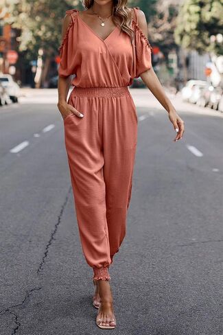 PRETTYGARDEN Jumpsuit for Women Casual Wrap V Neck Cold Shoulder One Piece Outfits Pants Romper in Saudi Arabia