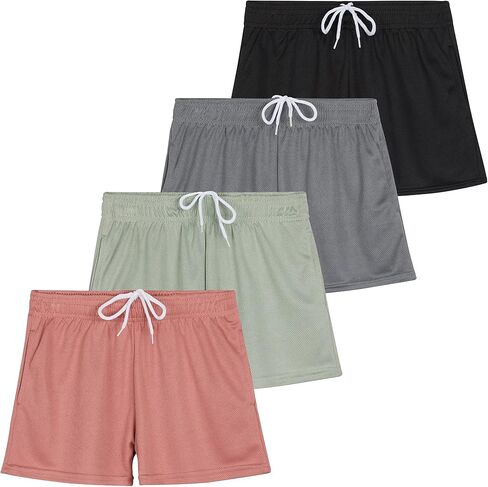 Real Essentials 4-Pack: Girl's Mesh Active Athletic Performance Sport Shorts for Girls with Pockets in Kuwait