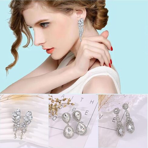 MOZAKA 6 Pairs Clip on Earrings for Women Elegant Rhinestone Crystal Tassel Chandelier Teardrop Earrings Silver Wedding Bridal Clip-on Earrings Non Pierced Jewelry Set for Bridesmaids Prom Party Gift in Saudi Arabia