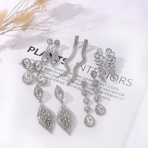 MOZAKA 6 Pairs Clip on Earrings for Women Elegant Rhinestone Crystal Tassel Chandelier Teardrop Earrings Silver Wedding Bridal Clip-on Earrings Non Pierced Jewelry Set for Bridesmaids Prom Party Gift in Saudi Arabia