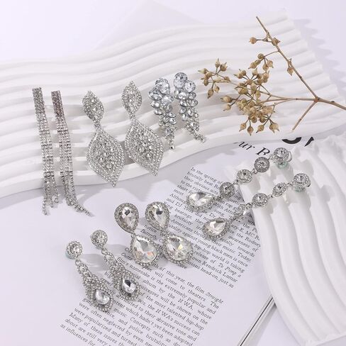 MOZAKA 6 Pairs Clip on Earrings for Women Elegant Rhinestone Crystal Tassel Chandelier Teardrop Earrings Silver Wedding Bridal Clip-on Earrings Non Pierced Jewelry Set for Bridesmaids Prom Party Gift in Saudi Arabia