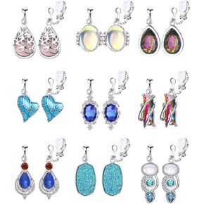 FIBO STEEL 9 Pairs Crystal Clip on Earrings Dangling Earrings for Women Boho Crystal Teardrop Dangle Earrings