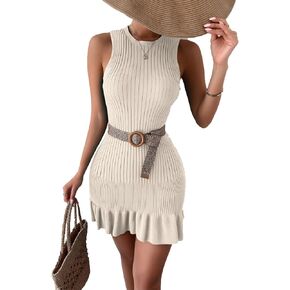 MakeMeChic Women's Sleeveless Ruffle Hem Ribbed Knit Mini Bodycon Sweater Dress