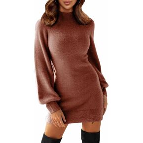 EXLURA Women's Mock Neck Ribbed Long Sleeve Bodycon Pullover Cute Mini Sweater Dress in Kuwait