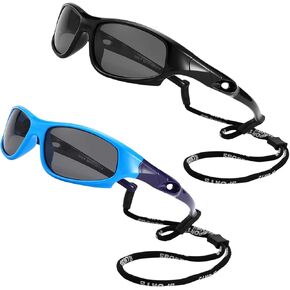 COASION Kids Sports Polarized Sunglasses with Strap 2 Pack Mirrored Glasses Shades for Boys Girls Age 4-12 (Baby Blue/Grey+Black/Grey)