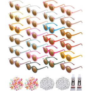 Kanayu 24 Pairs Kids Flower Sunglasses Set, Include 24 Round Girls Sunglasses Bulk Boho Colorful Eyewear 200 Random Resin Letter Beads 100 Daisy Charm 2 Glue for DIY Groovy Party Favors Gifts in Kuwait
