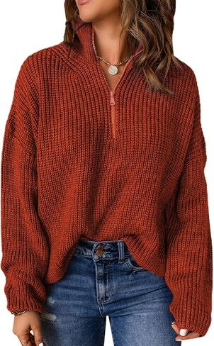 EVALESS Sweaters for Women Waffle Kint Long Sleeve 1/4 Zip Pullover Polo V Neck Sweater for Women in Kuwait