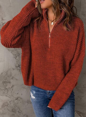 EVALESS Sweaters for Women Waffle Kint Long Sleeve 1/4 Zip Pullover Polo V Neck Sweater for Women in Kuwait