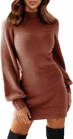 EXLURA Women's Mock Neck Ribbed Long Sleeve Bodycon Pullover Cute Mini Sweater Dress in Kuwait