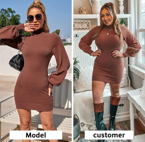 EXLURA Women's Mock Neck Ribbed Long Sleeve Bodycon Pullover Cute Mini Sweater Dress in Kuwait
