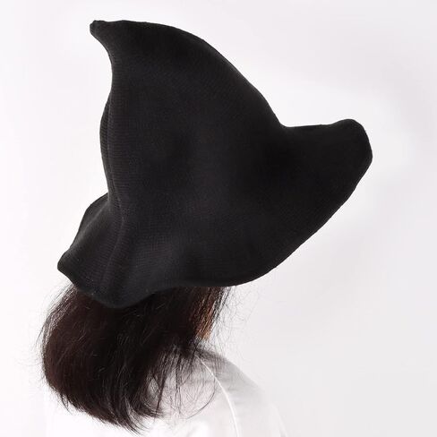 MAITING Halloween Witch Hat المرأة الساحرة قبعات الصوف القبعات الصوف واسعة حافة مستدقة قبعة محبوكة الحزب واليومي، أسود مدبب معالج قبعة زي التبعي (أسود) in Kuwait