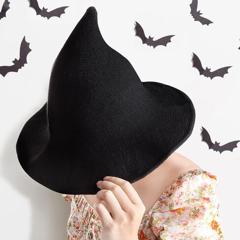 MAITING Halloween Witch Hat المرأة الساحرة قبعات الصوف القبعات الصوف واسعة حافة مستدقة قبعة محبوكة الحزب واليومي، أسود مدبب معالج قبعة زي التبعي (أسود) in Kuwait
