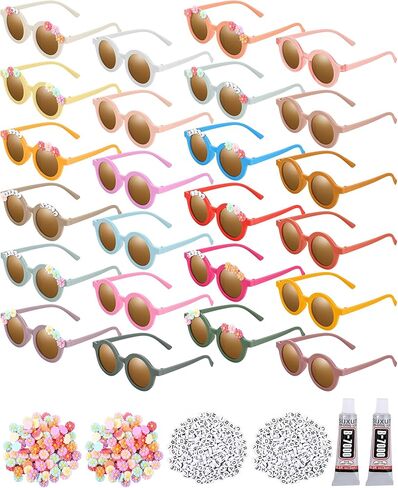 Kanayu 24 Pairs Kids Flower Sunglasses Set, Include 24 Round Girls Sunglasses Bulk Boho Colorful Eyewear 200 Random Resin Letter Beads 100 Daisy Charm 2 Glue for DIY Groovy Party Favors Gifts in Kuwait
