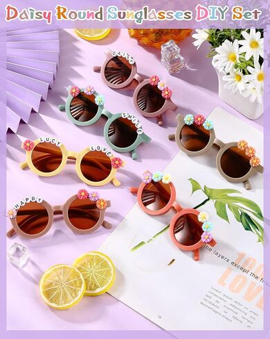Kanayu 24 Pairs Kids Flower Sunglasses Set, Include 24 Round Girls Sunglasses Bulk Boho Colorful Eyewear 200 Random Resin Letter Beads 100 Daisy Charm 2 Glue for DIY Groovy Party Favors Gifts in Kuwait