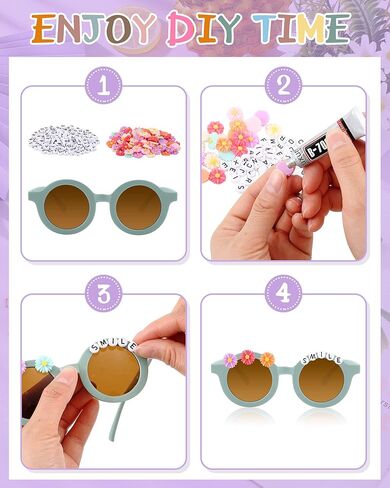 Kanayu 24 Pairs Kids Flower Sunglasses Set, Include 24 Round Girls Sunglasses Bulk Boho Colorful Eyewear 200 Random Resin Letter Beads 100 Daisy Charm 2 Glue for DIY Groovy Party Favors Gifts in Kuwait