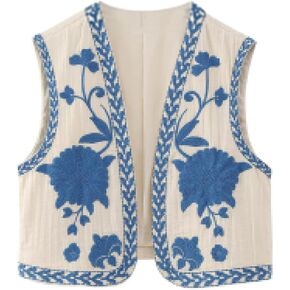 Meihuida Women Embroidered Vest Top Y2k Vintage Open Front Floral Boho Cropped Waistcoat