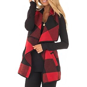 Unidear Womens buffalo Plaid Vest Casual Lapel Open Front Sleeveless Cardigan Jacket Coat with Pockets in Kuwait