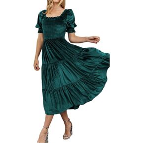 Smocked Velvet Midi Dress for Women 2022 Wedding Guest Vintage Elegant Square Neck Puff Sleeve A Line Maternity Long Dresses in Kuwait