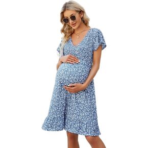 KOJOOIN Women's Maternity Smocked Long Sleeve Ruffle Dress V Neck Fall Casual Flowy Midi Dress for Baby Shower Photoshoot in Saudi Arabia
