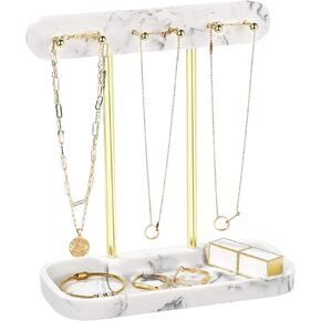 Jewelry Organizer Stand Necklace Holder, 2 Tier Jewelry Holder with Resin Ring Tray Gold Metal Rack, Necklace Hanging Storage Bracelet Watch Earring Display Stand Jewelry Tree, Marble White