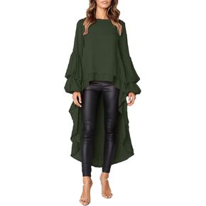 PRETTYGARDEN المرأة فانوس كم طويل الرقبة المستديرة عالية منخفضة غير متماثلة غير النظامية هيم بلايز عادية بلوزة قميص فستان in Kuwait